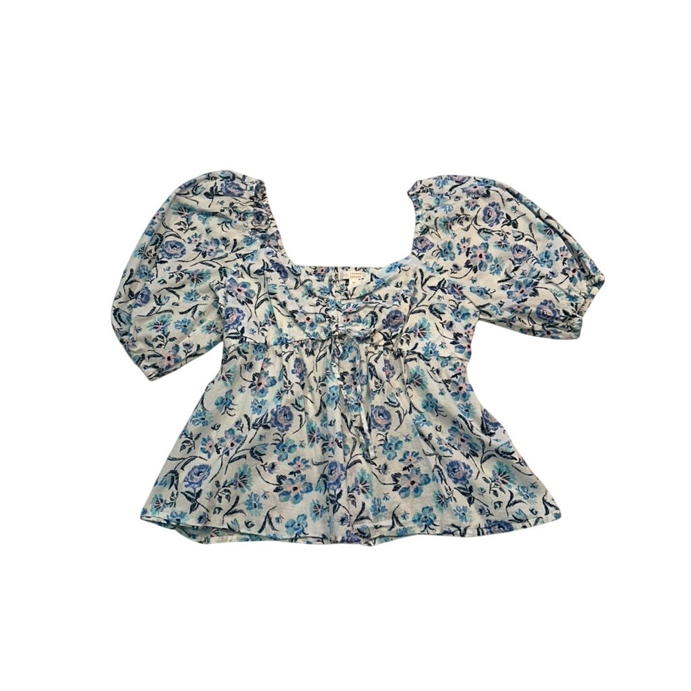 LC Lauren Conrad Floral Puff Sleeve Babydoll Top Blue White Cotton Womens Medium